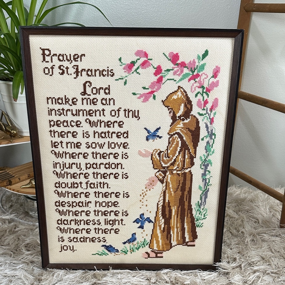 Vintage Cross Stitch Prayer of St. Francis Wall Religious Decor Framed No Glass